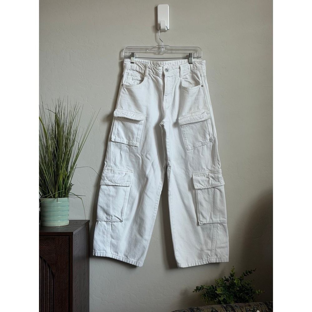 Zara White Barrel Leg Cargo Jeans Wide Leg Utility Pants 2 34 8197/032